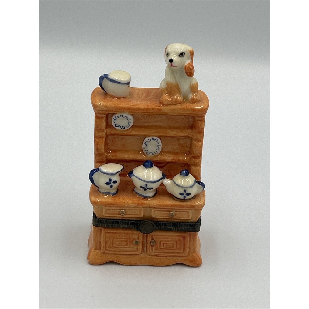 Vintage Porcelain Trinket Box Mini Kitchen Hutch Tea Set Dog Figurine Hinged